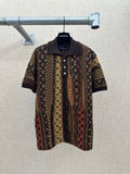 Short-sleeve button-up shirt with multicolor monogram pattern and point collar