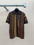 Short-sleeve button-up shirt with multicolor monogram pattern and point collar