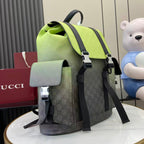 Gucci backpack with lime green top flap, dark side pouch, and front buckle details