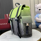 Gucci backpack with lime green top, gray monogram body, and front pocket with flap
