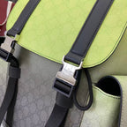 Gucci backpack close-up of lime green leather flap, dark straps, and metal buckle