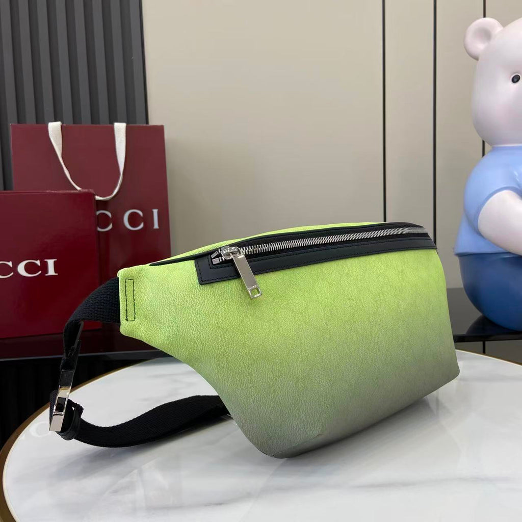 Gucci lime green belt bag with black zipper and adjustable crossbody strap