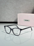 MiuMiu eyeglasses with black rectangular frames and clear lenses