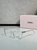Clear rectangular eyeglasses with metal hinges and Miu Miu logo