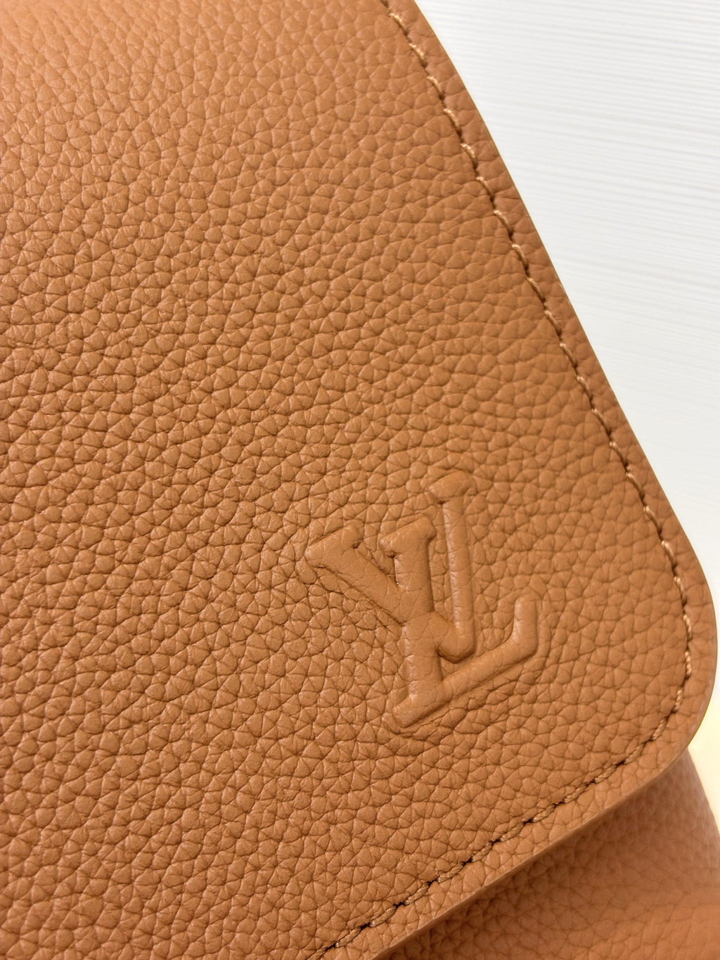 Close-up of tan pebbled leather Louis Vuitton logo on side panel