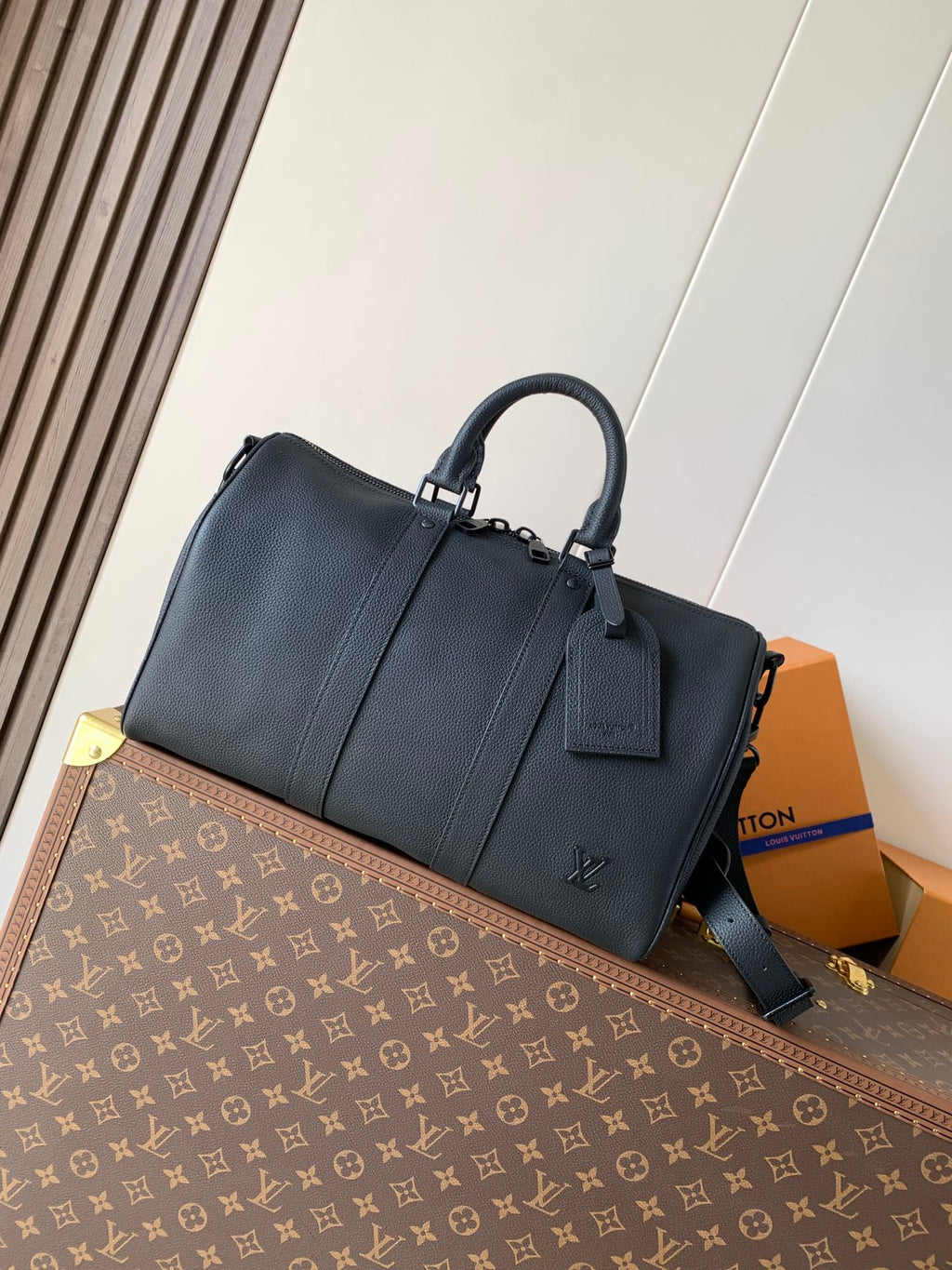Dark blue textured leather men's briefcase bag with top handle and front lock
