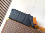 Dark blue leather men's bag with side zipper and detachable shoulder strap