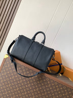 Dark blue leather men's briefcase bag with detachable shoulder strap and top handle