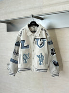 Louis Vuitton cream long-sleeve jacket with blue graphic patches and button front