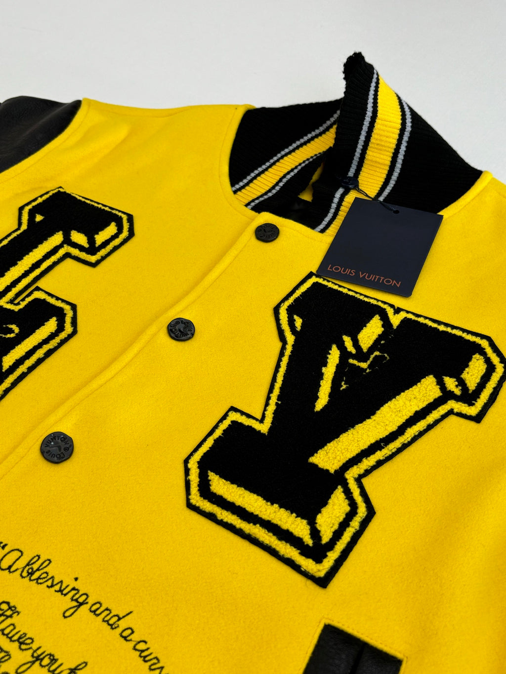 Louis Vuitton yellow and black varsity jacket collar with embroidered LV-style number and text