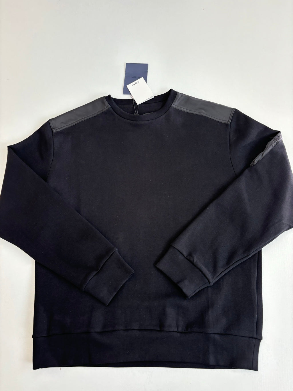 Prada long-sleeve crewneck sweatshirt, dark navy; front close-up