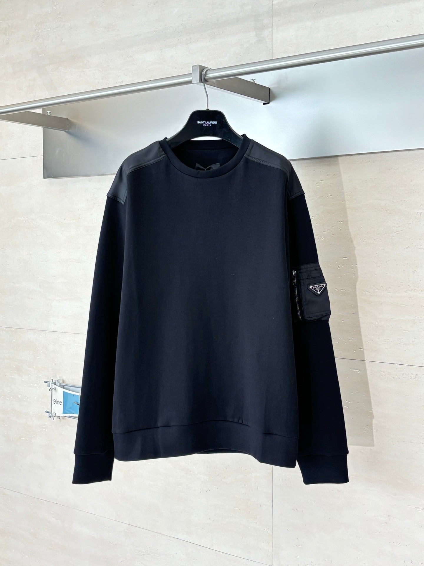 Prada long-sleeve sweatshirt, dark navy crewneck with sleeve pocket detail