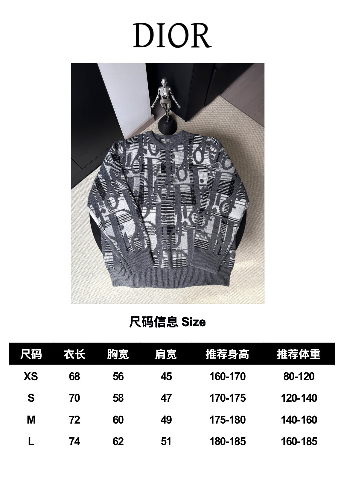 Dior graphic knit sweater with logo pattern and size chart
