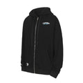 Black zip-up hoodie with hood and full front zipper, front pocket pouch.