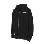 Black zip-up hoodie with hood and full front zipper, front pocket pouch.