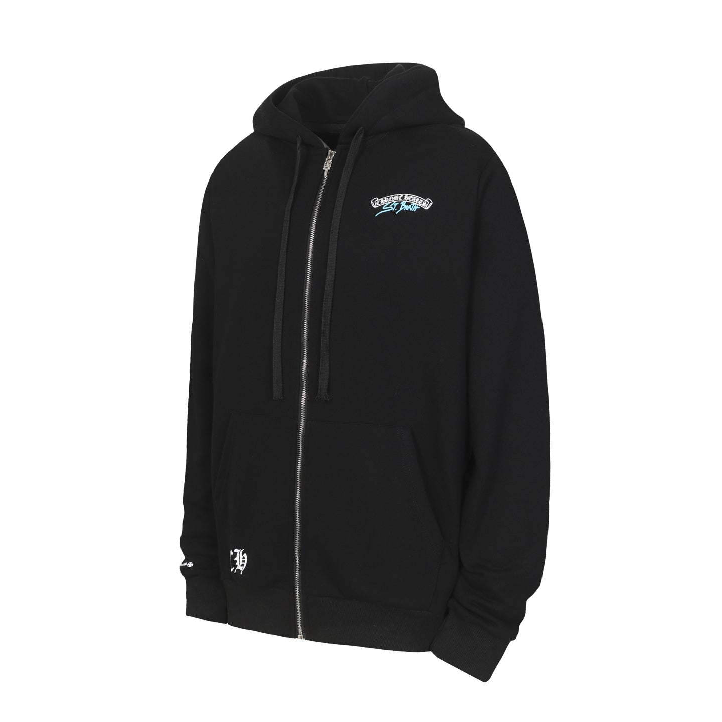 Black zip-up hoodie with hood and full front zipper, front pocket pouch.