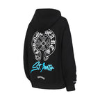 Black zip-up hoodie, back shows large white and blue logo print.