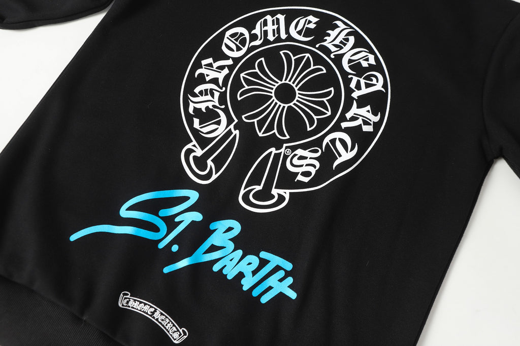 Black hoodie back panel with large circular white logo and blue text.