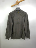 Grey knit zip sweater with allover logo pattern, ribbed cuffs and hem, on hanger
