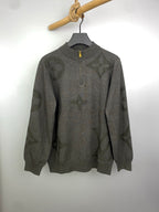 Grey knit zip sweater with allover logo pattern, ribbed cuffs and hem, on hanger