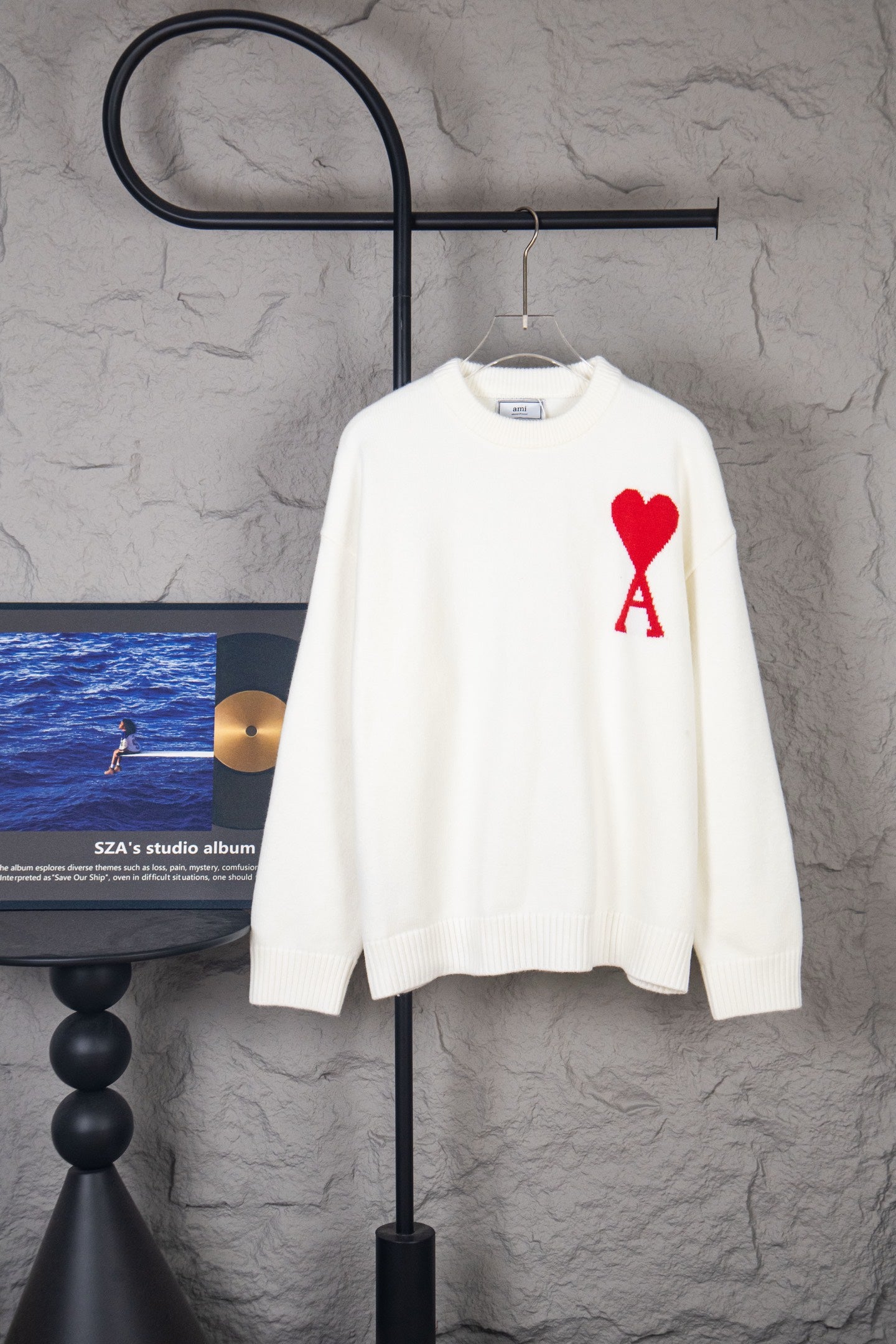 Amiri white knit sweater with red heart and A graphic on front