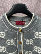 Gucci dark green knit cardigan neckline with GG pattern, ribbed collar, and gold button.