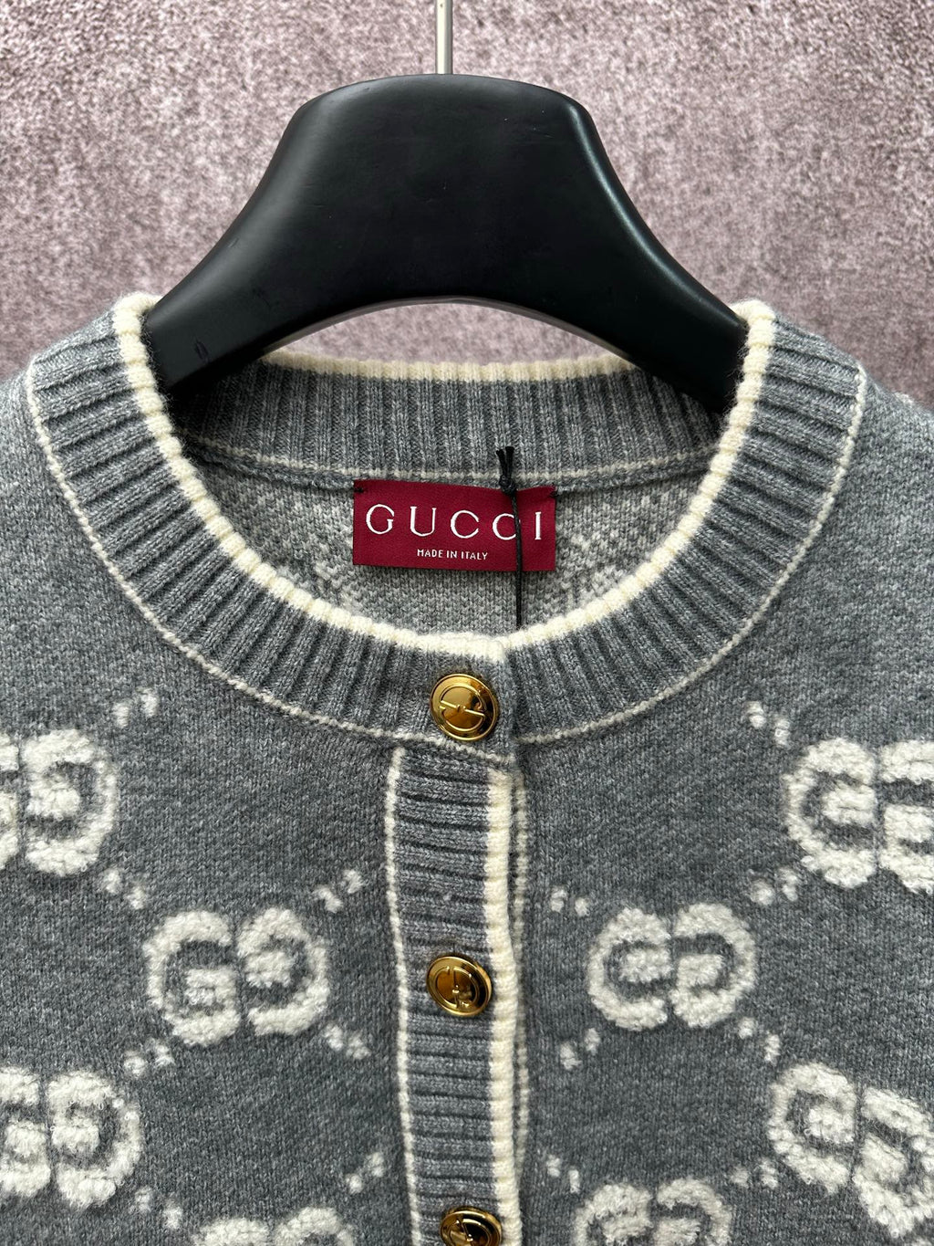 Dark green GG monogram knit cardigan neckline with ribbed trim and gold button