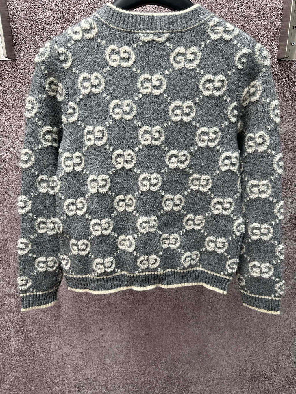 Gucci GG knit sweater, dark gray with repeat logo pattern and ribbed cuffs
