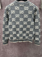 Gucci GG knit sweater, dark gray with repeat logo pattern and ribbed cuffs
