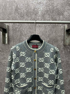 Dark green GG monogram cardigan with round ribbed collar and gold button details