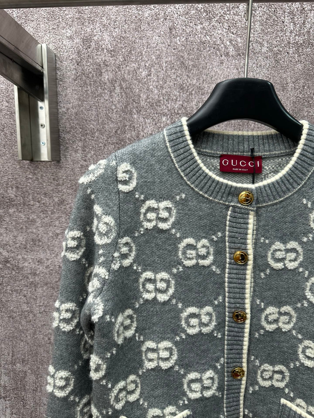 Dark green GG monogram cardigan with ribbed collar and button-front placket