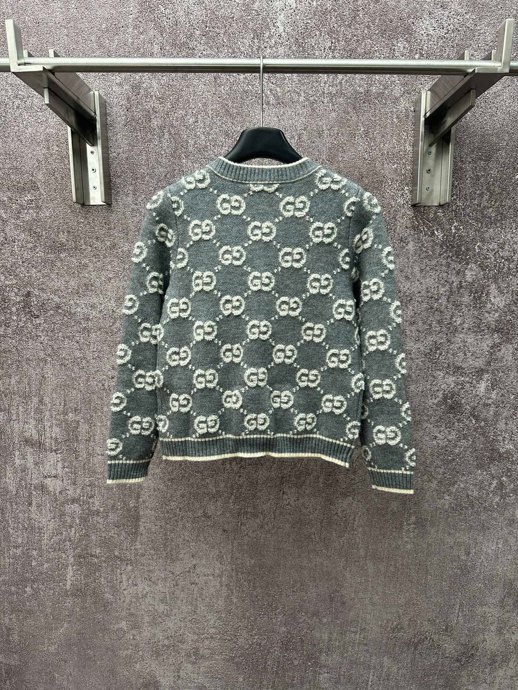Dark green GG monogram knit cardigan with crew neck and ribbed cuffs