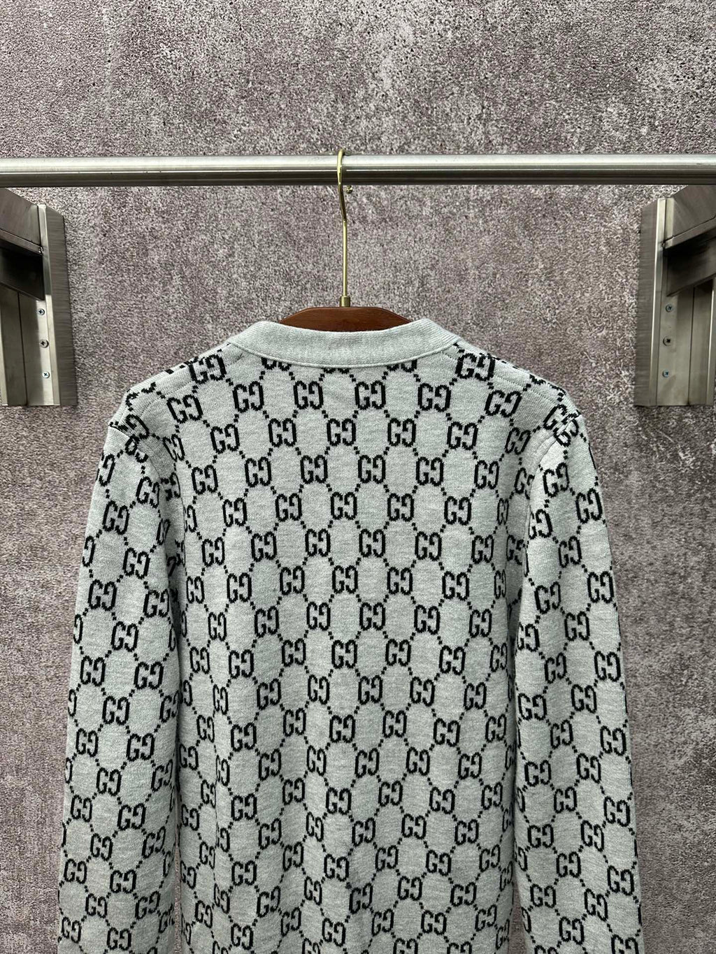 Gucci long-sleeve crewneck top with light gray GG monogram and dark buttons