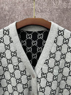 Gucci long-sleeve V-neck knit top with light gray knit and black GG monogram
