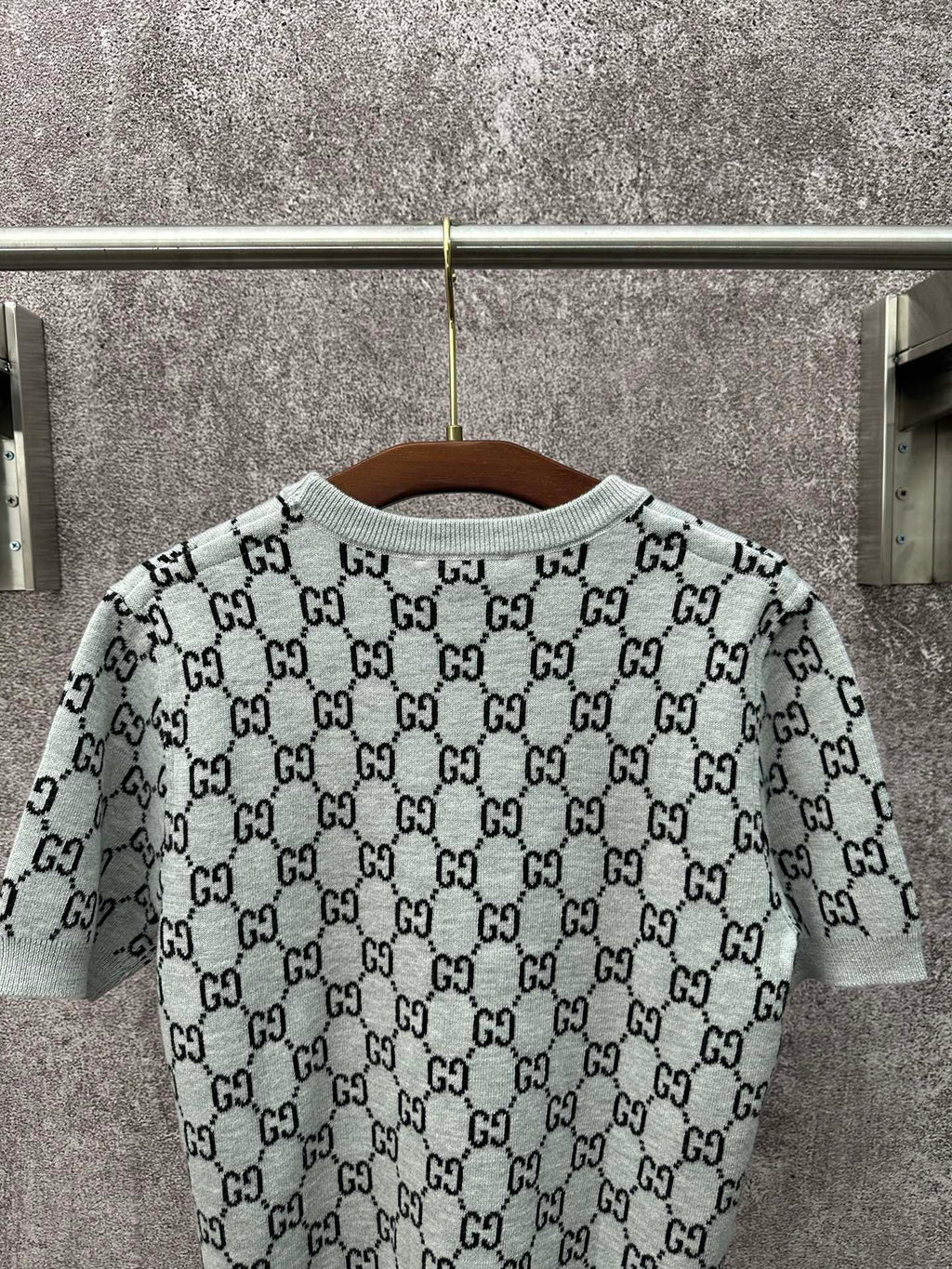 Light gray knit T-shirt with allover black GG logo pattern and crew neck