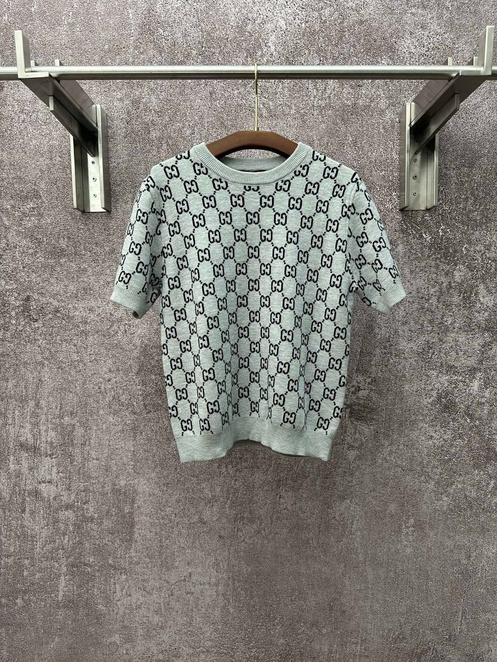 Light gray knit T-shirt with allover black GG pattern and ribbed crew neck