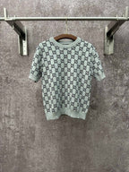 Light gray knit T-shirt with allover black GG pattern and ribbed crew neck