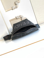 Fendi crossbody bag with dark monogram fabric, dual zippers, and shoulder strap