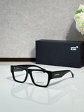 Black full-rim eyeglasses with rectangular frames and clear lenses, Montblanc branding
