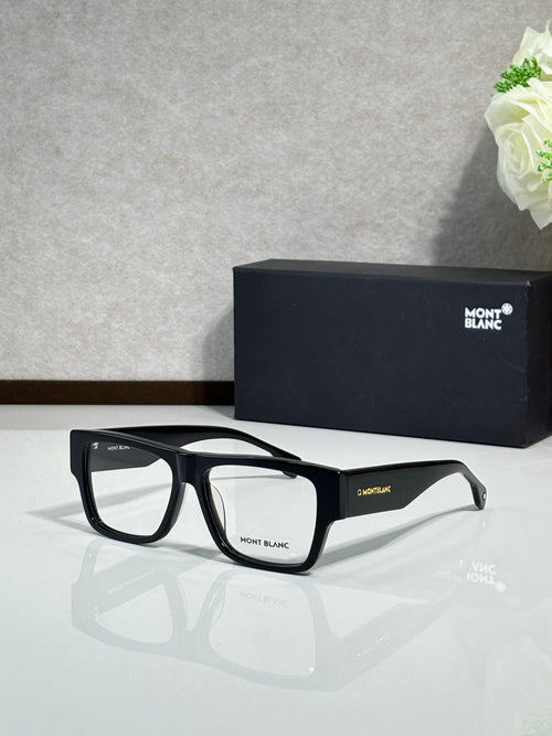 Black full-rim eyeglasses with rectangular frames and clear lenses, Montblanc branding