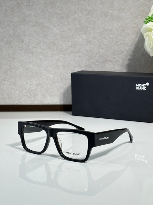 Black rectangular eyeglasses with clear lenses, Montblanc logo on side temple