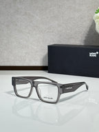 Gray transparent eyeglasses with clear lenses and Montblanc logo on temples