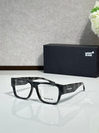 Black full-rim eyeglasses with clear lenses and Montblanc logo on side temple