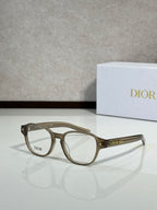 Dior eyeglasses with olive-brown full-rim frames and clear lenses, side view