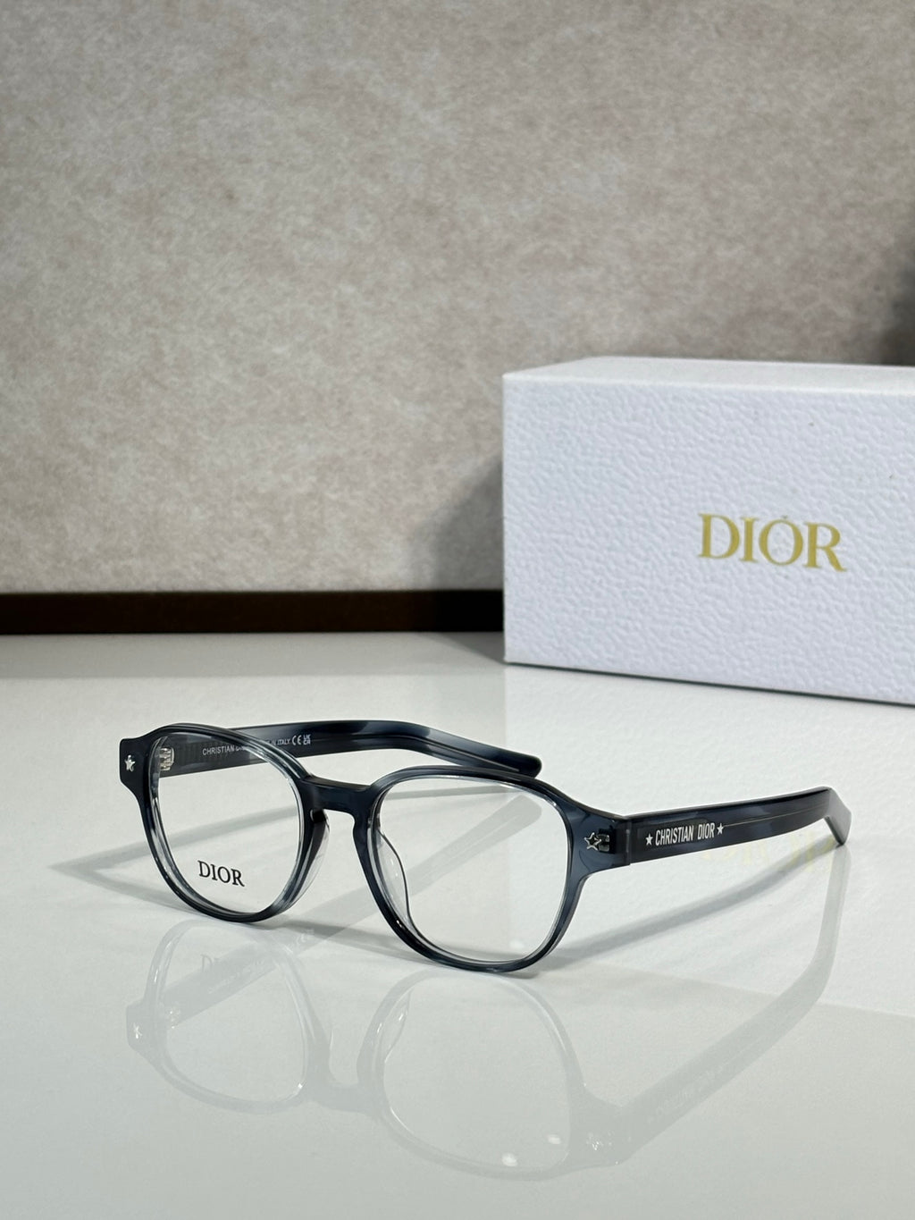Dior eyeglasses with dark frames and clear lenses, front view