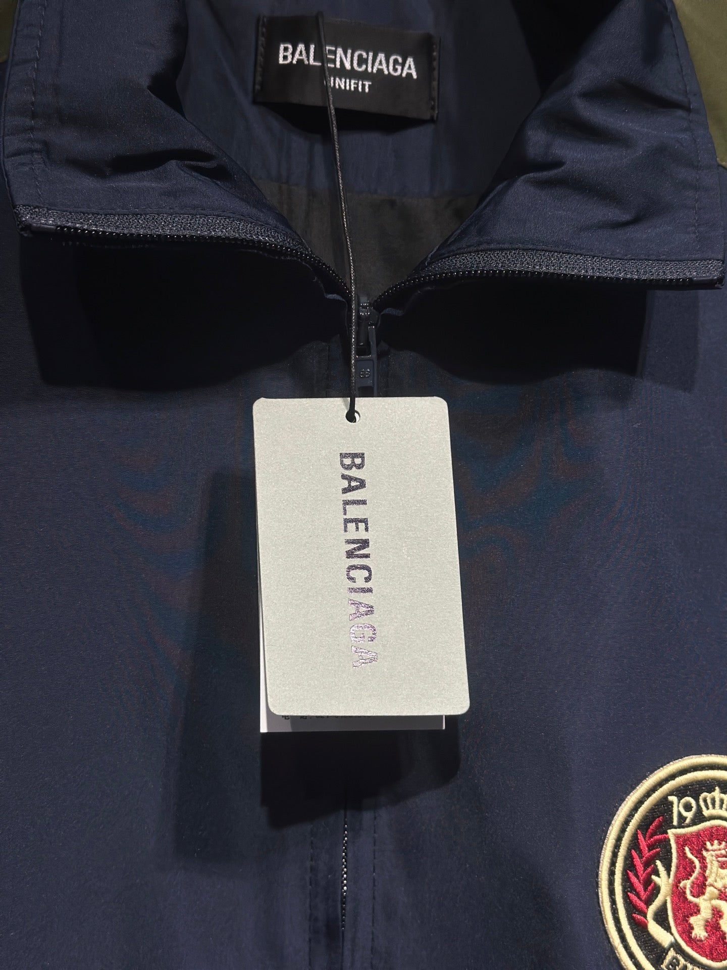 Balenciaga long zip jacket with standing collar and front zipper, navy/dark fabric