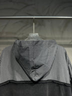 Balenciaga hooded sweatshirt back view with gray checkered hood and dark panel