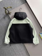 Mint and black hooded jacket with back view, front zip and drawstring hem