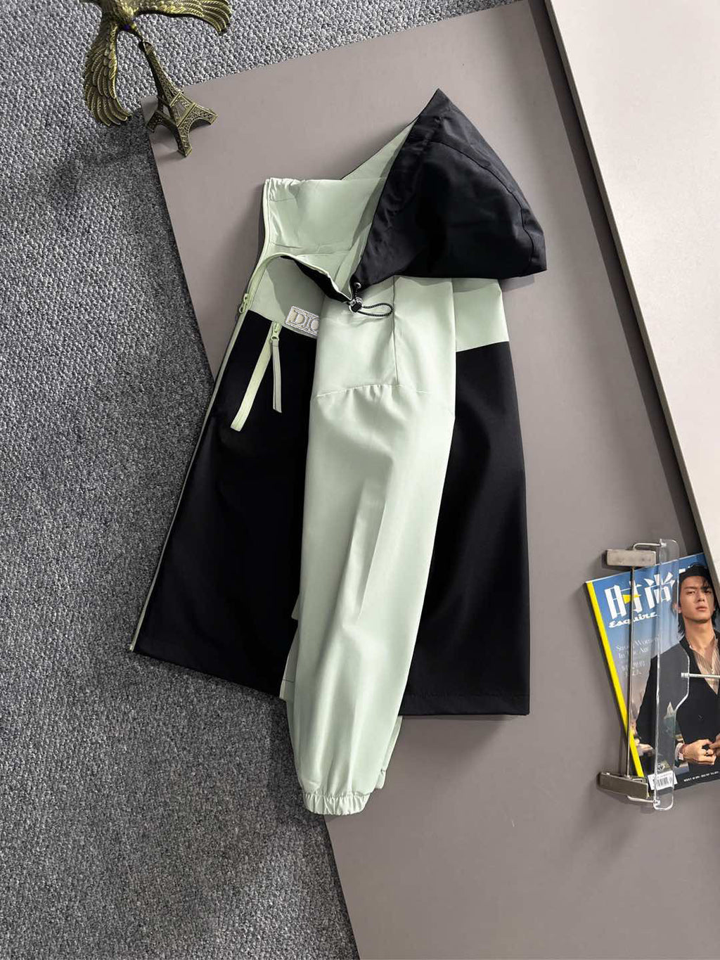 Mint and black hooded long jacket with two-tone panels and front drawstring
