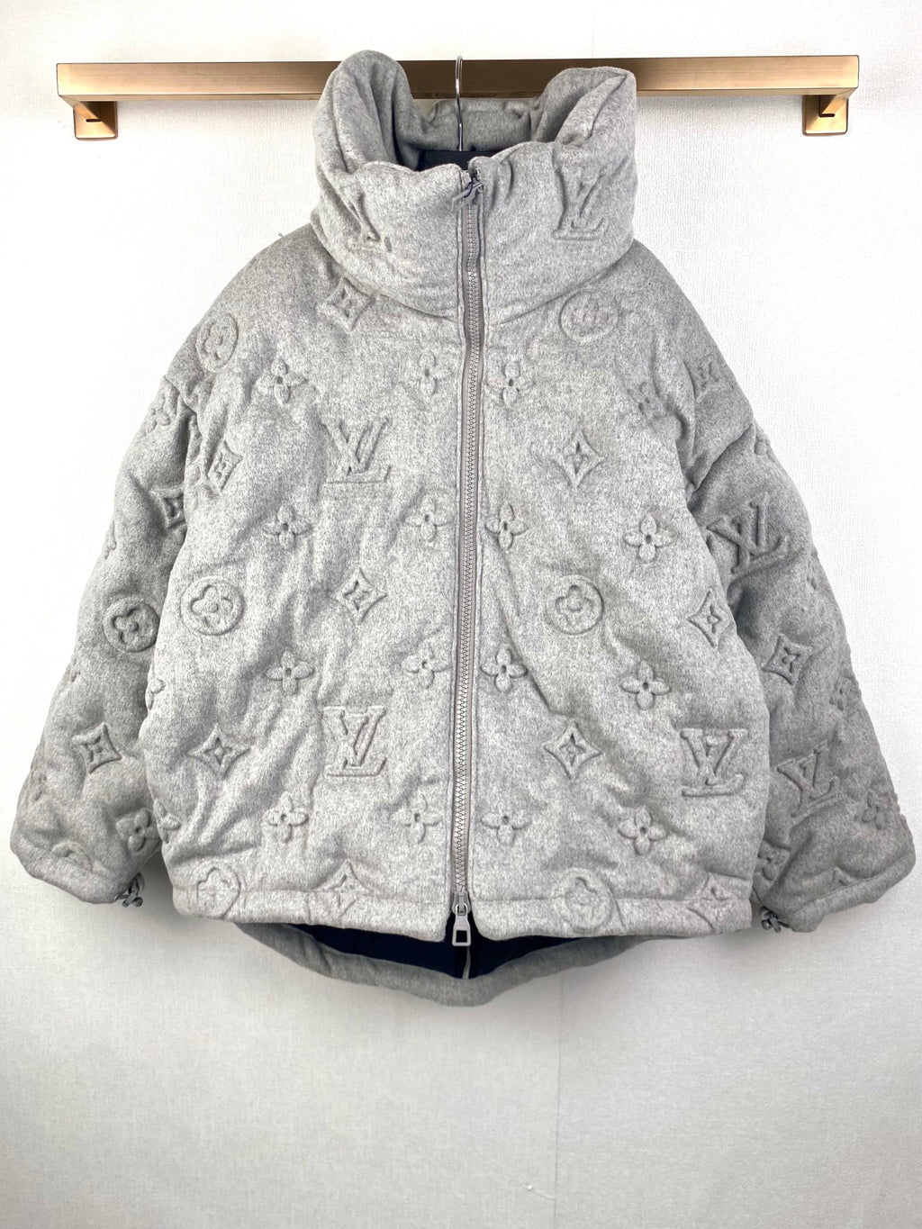 Louis Vuitton hooded puffer jacket, gray with allover monogram, front zip